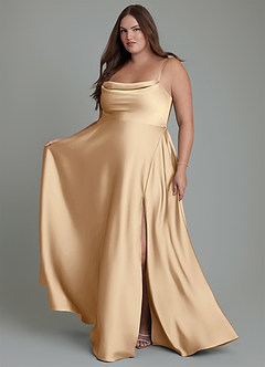 Azazie Elle Bridesmaid Dresses Champagne A-Line Pleated Stretch Satin Dress image8