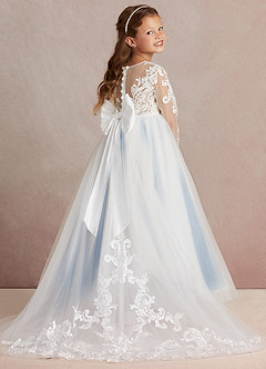 Azazie Elodie Blumenmädchenkleider Ballkleid Spitze Kleid Elfenbein Stahlblau image1