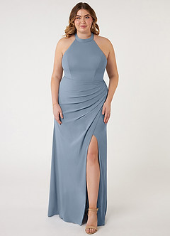 Azazie Galicia Vestidos de damas de honor Vestido de Azul Polvoriento de Chifón elástico de Corte Sirena con Halter Plisado image5