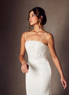 Azazie Lewena Hochzeitskleider Meerjungfrau-Linie Spitze Satin mit Krepprücken Kleid Diamantweiß image5