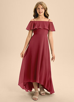 Azazie Maggie Junior A-Linie Schulterfrei Chiffon Kleid Granatapfelrot image5