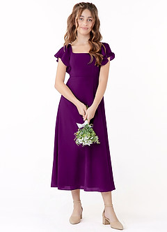 Azazie Bondi Junior A라인 셔링 쉬폰 티 길이 주니어 신부 들러리 드레스 image1