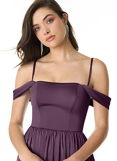 Azazie Morana Final Sale Plum A-Line Off the Shoulder Stretch Satin Convertible Dress image6