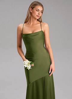 Azazie Grata Bridesmaid Dresses Bright Olive Mermaid Side Slit Stretch Satin Dress image6