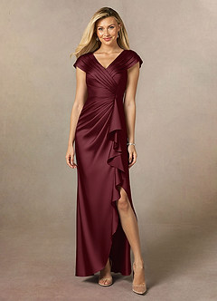 Azazie Anderson Mother of the Bride Dresses Cabernet A-Line Pleated Stretch Satin Dress image1