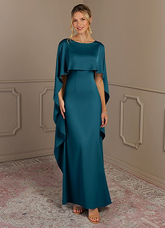 Azazie Eli Mother of the Bride Dresses Ink Blue Sheath Boatneck Stretch Satin Dress image1
