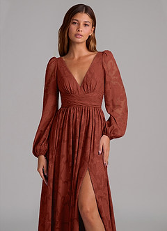 Azazie Norah Robes de demoiselle d'honneur Robe Trapèze en Blumen-Burnout Manche longue Terracotta image7