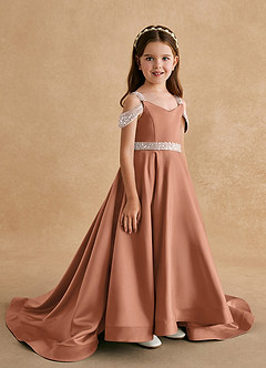 Azazie Jodi Robe Demoiselle D'honneur Fillette Robe Trapèze en Mat Satiné Bronze image3