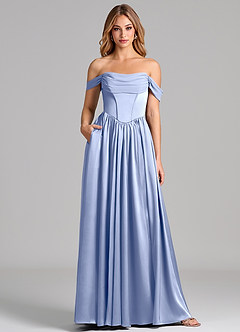 Azazie Raisa 신부 들러리 드레스 A라인 오프 더 숄더 스트레치 새틴 바닥 길이 드레스 image1