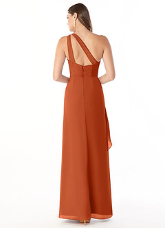 Azazie Maive Vestidos de damas de honor Vestido de Naranja Quemada de Gasa de Corte Recto con Volante plisado image2