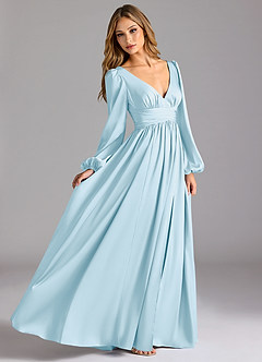 Azazie Norah Robes de demoiselle d'honneur Robe Trapèze en Satin extensible Bleu Ciel image3
