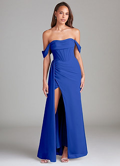 Azazie Amyra Bridesmaid Dresses Royal Blue Sheath Off the Shoulder Chiffon Convertible Dress image1
