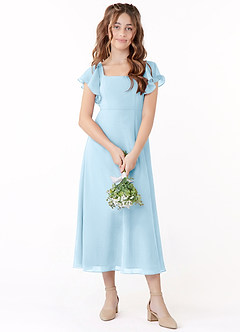 Azazie Bondi Junior A라인 셔링 쉬폰 티 길이 주니어 신부 들러리 드레스 image1