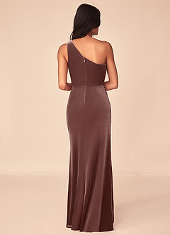 Azazie Argan Bridesmaid Dresses Espresso A-Line One Shoulder Pleated Velvet Dress image2