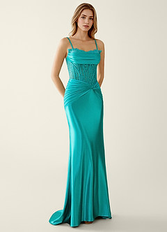 Sasha Peacock Blue Satin Wrap Corset Mermaid Prom Dress image5
