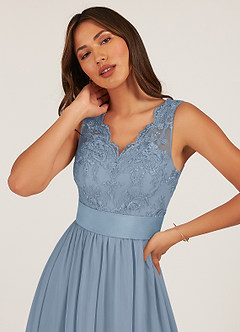 Azazie Gertrude Abiti da Damigella Abito A-Line in Chiffon Pizzo Blu Polveroso image6