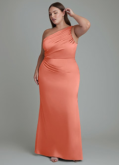 Azazie Akilah Bridesmaid Dresses Salmon Pink Mermaid One Shoulder Stretch Satin Dress image10