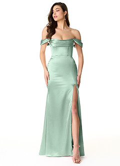 Azazie Liv Vestidos de damas de honor Vestido de Agave de Satén Metálico de Corte Recto Convertible con Vestidos sin tirantes image1