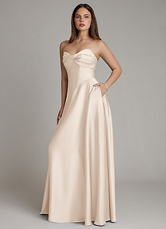 Azazie Meleena Vestidos de damas de honor Vestido de Alabastro Blanco de Satén Elástico de Línea A con Sin tirantes image6