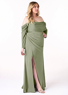 Azazie Hallie Bridesmaid Dresses Pistachio Mermaid Off-The-Shoulder Long Sleeve Stretch Satin Convertible Dress image10