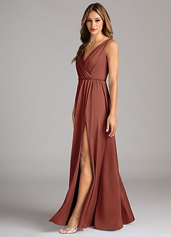 Azazie Tanicia Bridesmaid Dresses Auburn A-Line Pleated Stretch Satin Dress image5