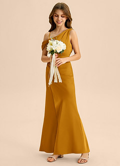 Azazie Madelyn Junior Osłona Zza ramienia Satyna elastyczna Długość podłogi Młodsza druhna Sukienka image5