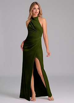 Azazie Jemma Bridesmaid Dresses Olive Sheath Pleated Velvet Dress image6