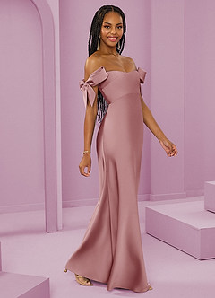 Barbie ♥ Azazie Jurken voor bruidsmeisjes Converteerbaar Jurk van Stretch Satijn met Kolom Off the Shoulder Stoffige Roos image1