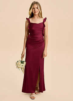 Azazie Jessamine Junior Burgundy Sheath Ruched Stretch Satin Dress image1
