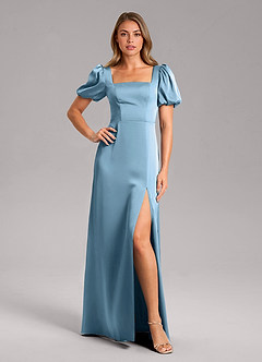 Azazie Fyona Bridesmaid Dresses Steel Blue A-Line Pleated Stretch Satin Dress image1