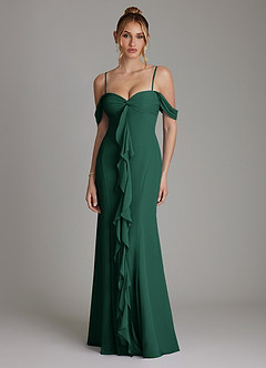 Azazie Karmela Bridesmaid Dresses Emerald A-Line Off the Shoulder Chiffon Dress image1