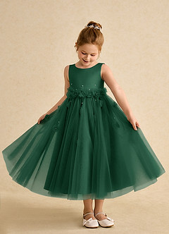 Azazie Lux Flower Girl Dresses Dark Green A-Line Beaded Tulle Dress image3