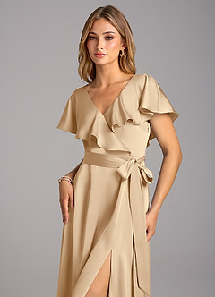 Azazie Lainey Bridesmaid Dresses Champagne A-Line with Pockets Stretch Satin Dress image6