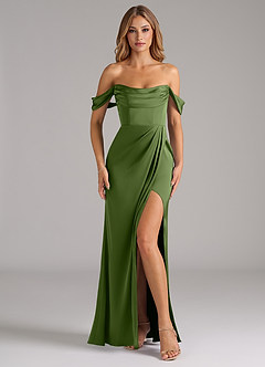 Azazie Johana Robes de demoiselle d'honneur Robe Sirène Convertible en Satin extensible Épaule décolletée Genévrier image3