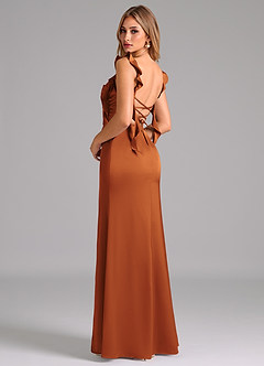 Azazie Jessamine Bridesmaid Dresses Cinnamon A-Line Corset Stretch Satin Dress image2