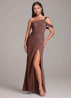 Azazie Wynter Bridesmaid Dresses Espresso Sheath Off the Shoulder Chiffon Dress image1