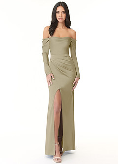 Azazie Hallie Vestidos de damas de honor Vestido de Musgo Verde de Satén Elástico de Corte Recto Convertible con Manga larga con hombros descubiertos image2