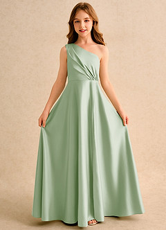 Azazie Puddles Junior Formal Jurken voor bloemenmeisjes A-Lijn Jurk van Mat Satijn One-Shoulder Stoffige Salie image5