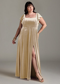 Azazie Bondi Bridesmaid Dresses Champagne A-Line Side Slit Velvet Dress image7