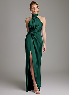 Azazie Gracelynn Robes de demoiselle d'honneur Robe Fourreau en Satin extensible Plissée émeraude image1