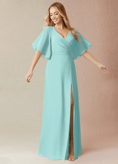 Azazie Cierra Brautjungfernkleider A-Linie V-Hals Chiffon Kleid Aqua image1