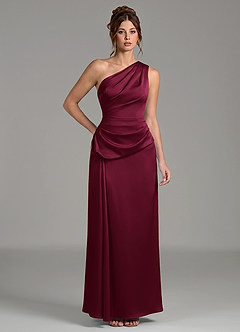 Azazie Zahira Bridesmaid Dresses Burgundy Sheath One Shoulder Stretch Satin Dress image1