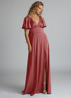 Azazie Kimber 신부 들러리 드레스 A라인 셔링 스트레치 새틴 바닥 길이 드레스 image4