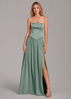 Azazie Cadence Bridesmaid Dresses Silver Sage A-Line Corset Stretch Satin Convertible Dress image5