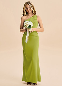 Azazie Akilah Junior Lemongrass Sheath Pleated Stretch Satin Dress image4