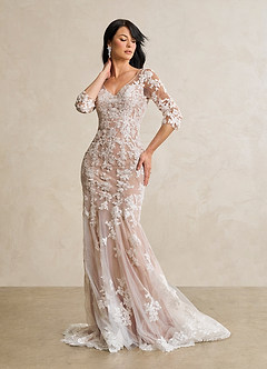 Azazie Neela Final Sale Diamond White Mocha Mermaid V-Neck Lace Tulle Dress image4