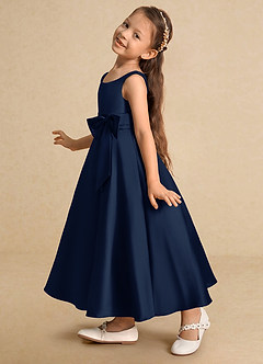Azazie Lindy Flower Girl Dresses Dark Navy A-Line Pleated Matte Satin Dress image8