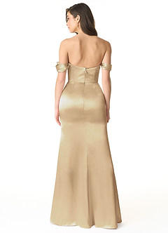 Azazie Liv Bridesmaid Dresses Champagne Sheath Off the Shoulder Metallic Satin Convertible Dress image4