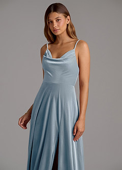 Azazie Sarella Bridesmaid Dresses Dusty Blue A-Line Pleated Velvet Dress image6