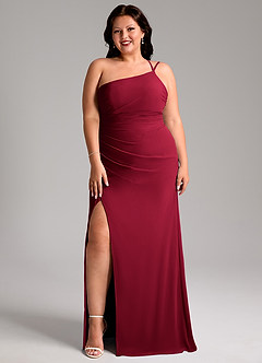 Azazie Eren Vestidos de madrinha de casamento Vestido Borgonha de Chiffon de Bainha com Um ombro image10
